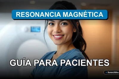 Paciente chilena sonriendo antes de un examen de resonancia magnética en una clínica moderna.