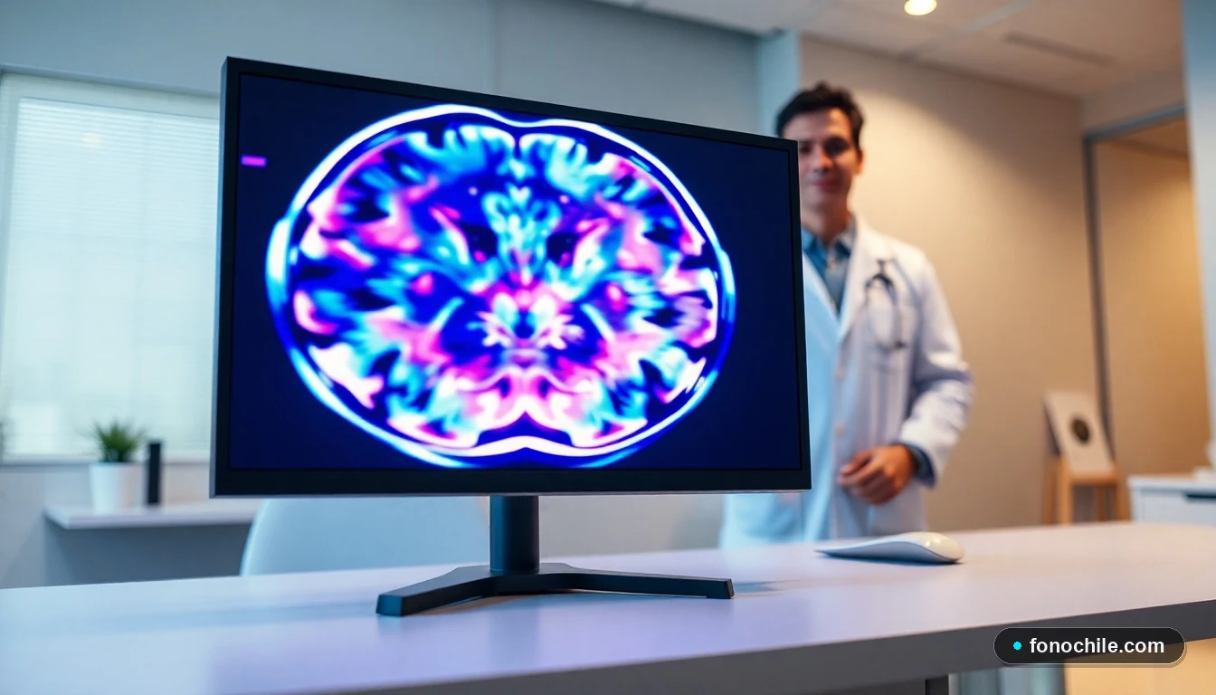 Visualización abstracta y colorida de una imagen de resonancia magnética cerebral en una pantalla médica moderna.