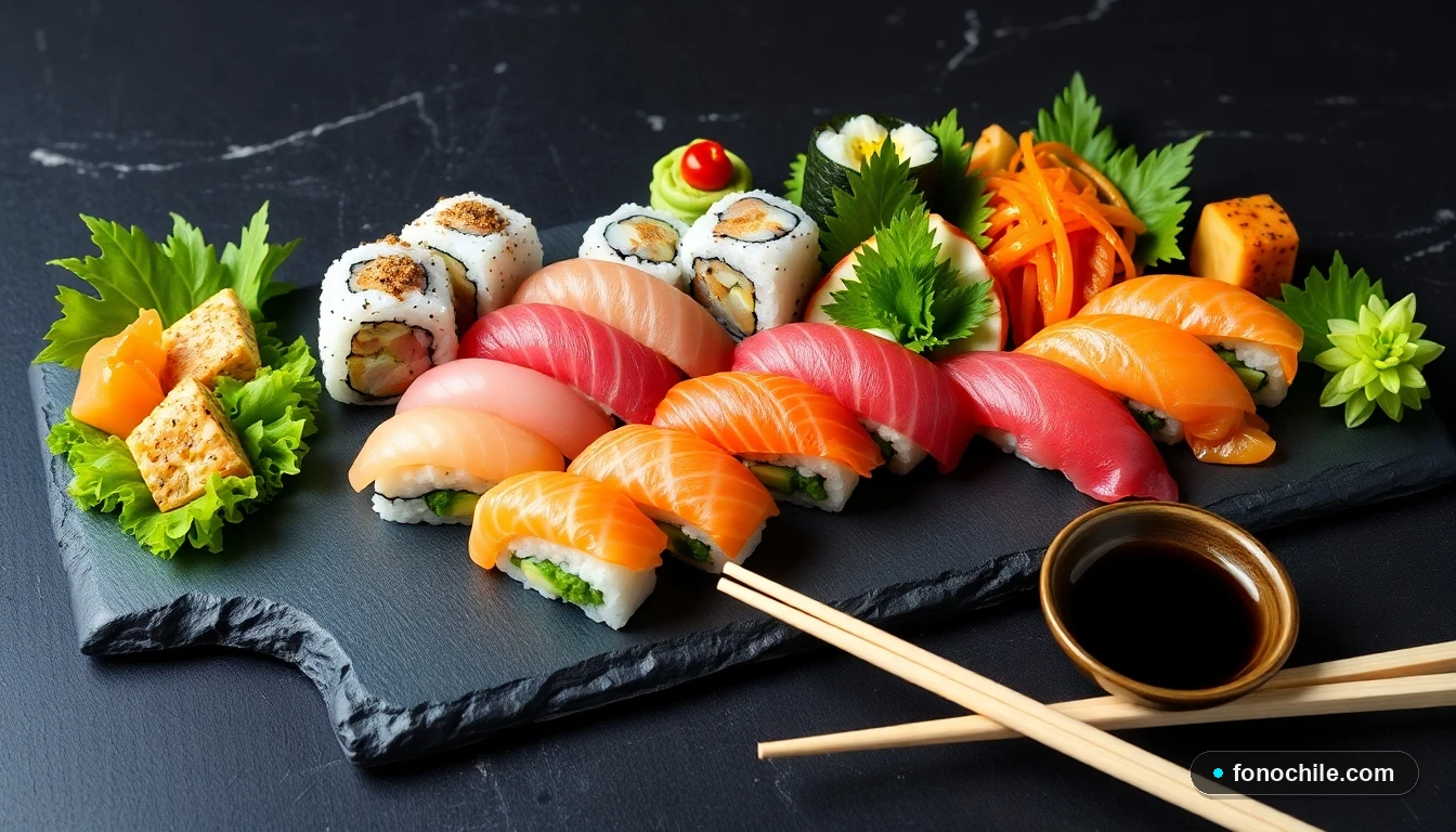 Plato variado de sushi y sashimi fresco presentado sobre una tabla de pizarra, listo para degustar en un restaurante japonés.