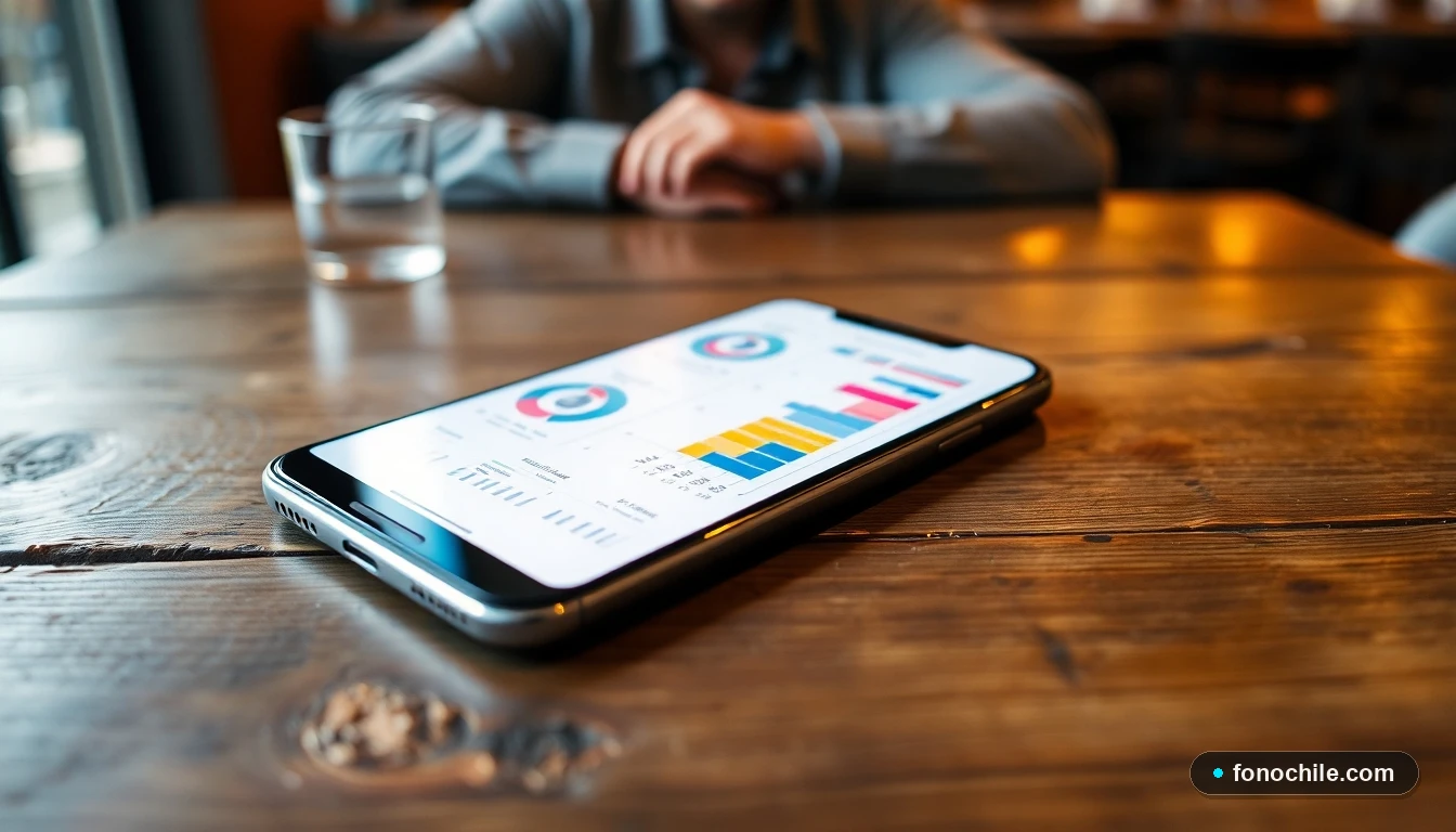 Smartphone mostrando gráficos de planificación de eventos en un restaurante con ambiente acogedor.