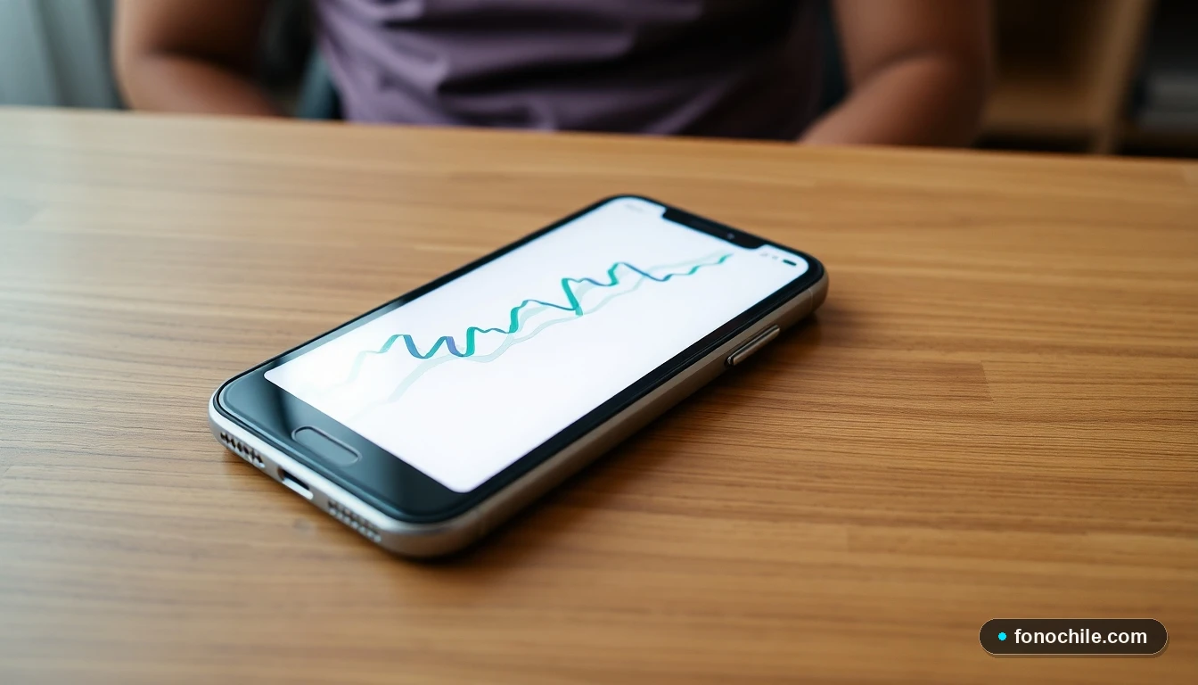 Pantalla de un celular mostrando gráficos médicos abstractos de resultados de laboratorio en colores vibrantes.