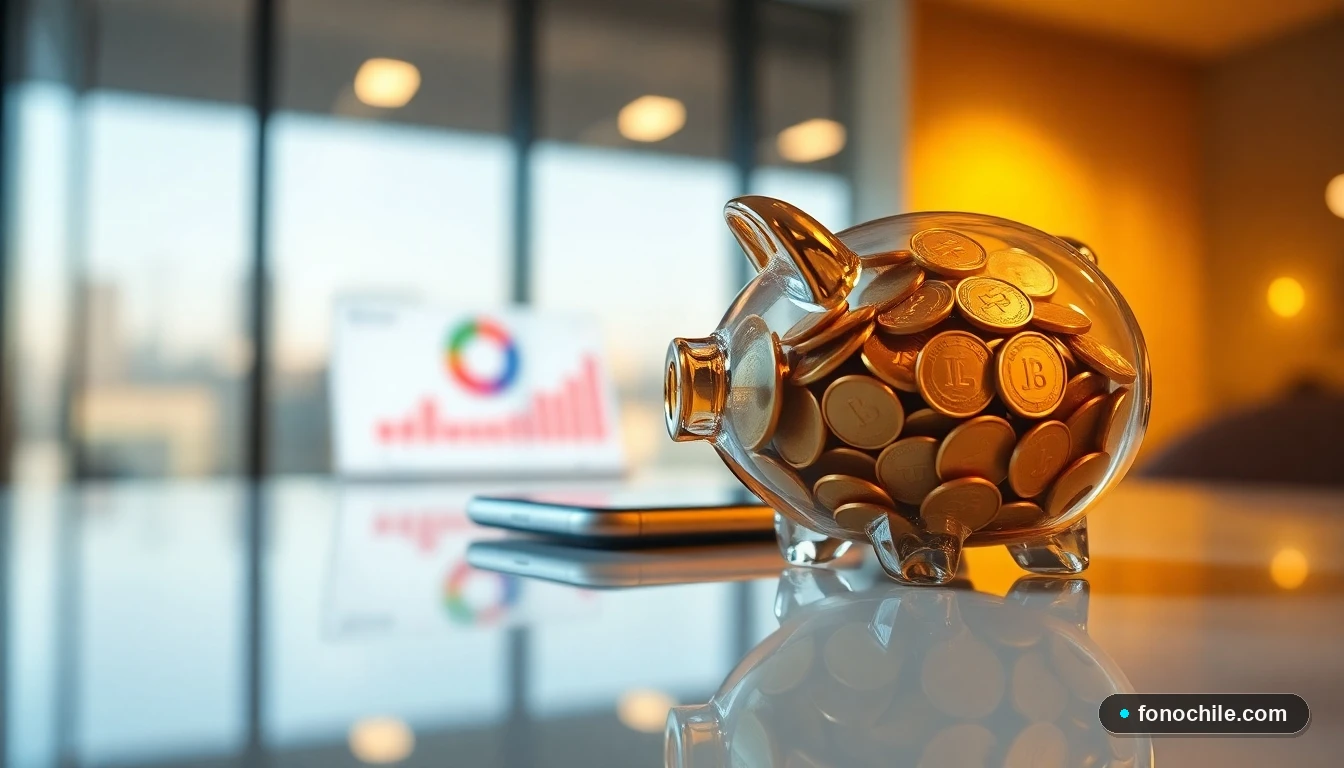 Concepto de ahorro e inversión con una alcancía moderna y un teléfono con interfaz de finanzas, estilo minimalista.