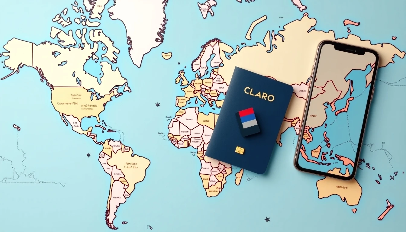 Pasaporte y SIM Claro sobre mapa mundial para roaming internacional