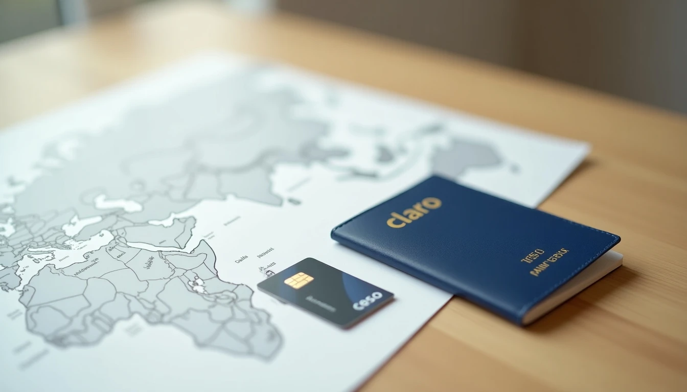 Guía visual para el roaming Claro: SIM card, pasaporte y mapa mundial en fondo claro.