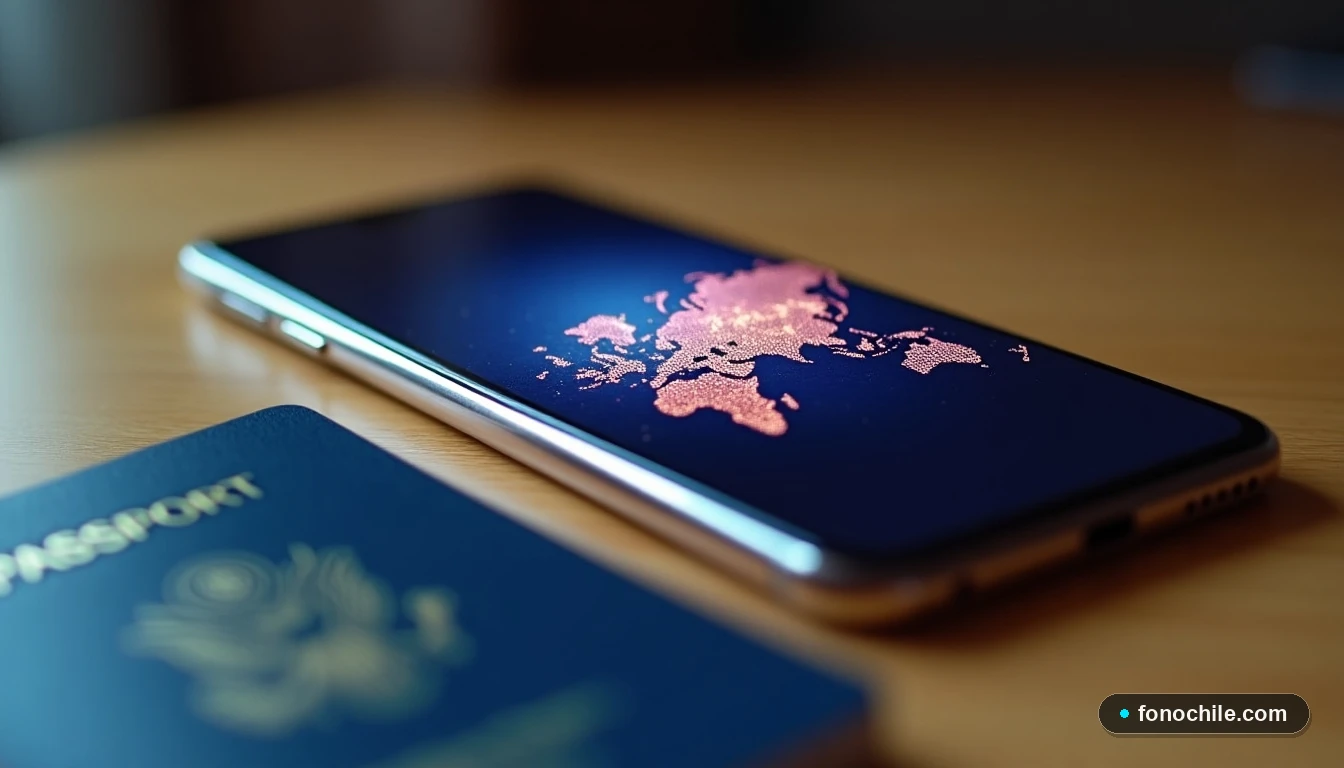 Primer plano de un teléfono mostrando una visualización de red global junto a un pasaporte, concepto de roaming internacional Claro.