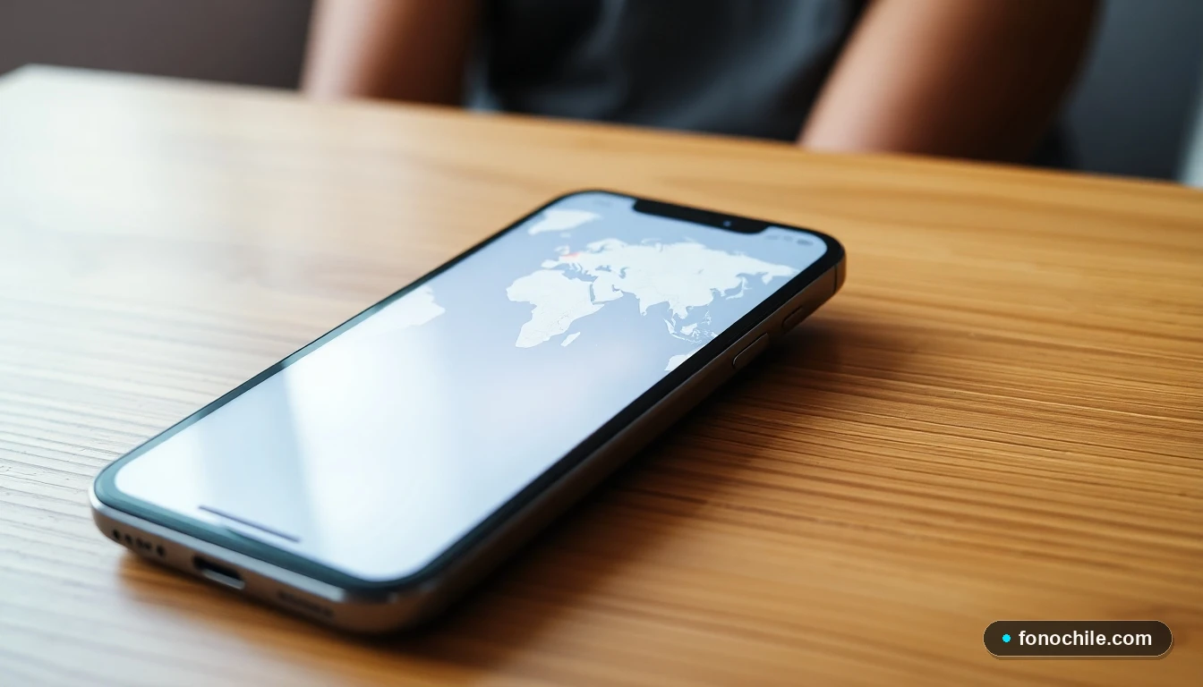 Smartphone mostrando un mapa mundial abstracto con puntos de conexión, concepto de roaming internacional.