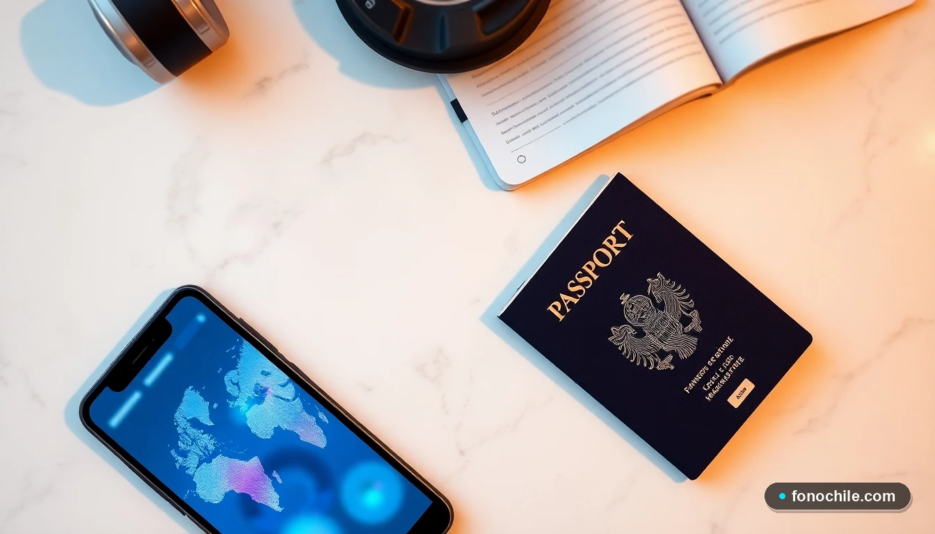 Dispositivos tecnológicos modernos y un pasaporte abierto sobre una mesa de mármol, con pantallas que muestran mapas abstractos y gráficos de conectividad, representando el uso de roaming de Entel durante viajes internacionales.