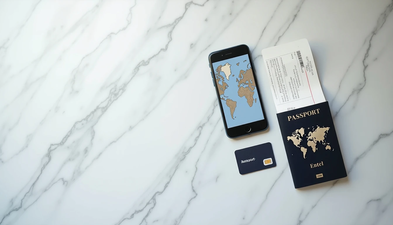 Pasaporte, smartphone y tarjeta SIM Entel listos para viaje internacional con roaming.
