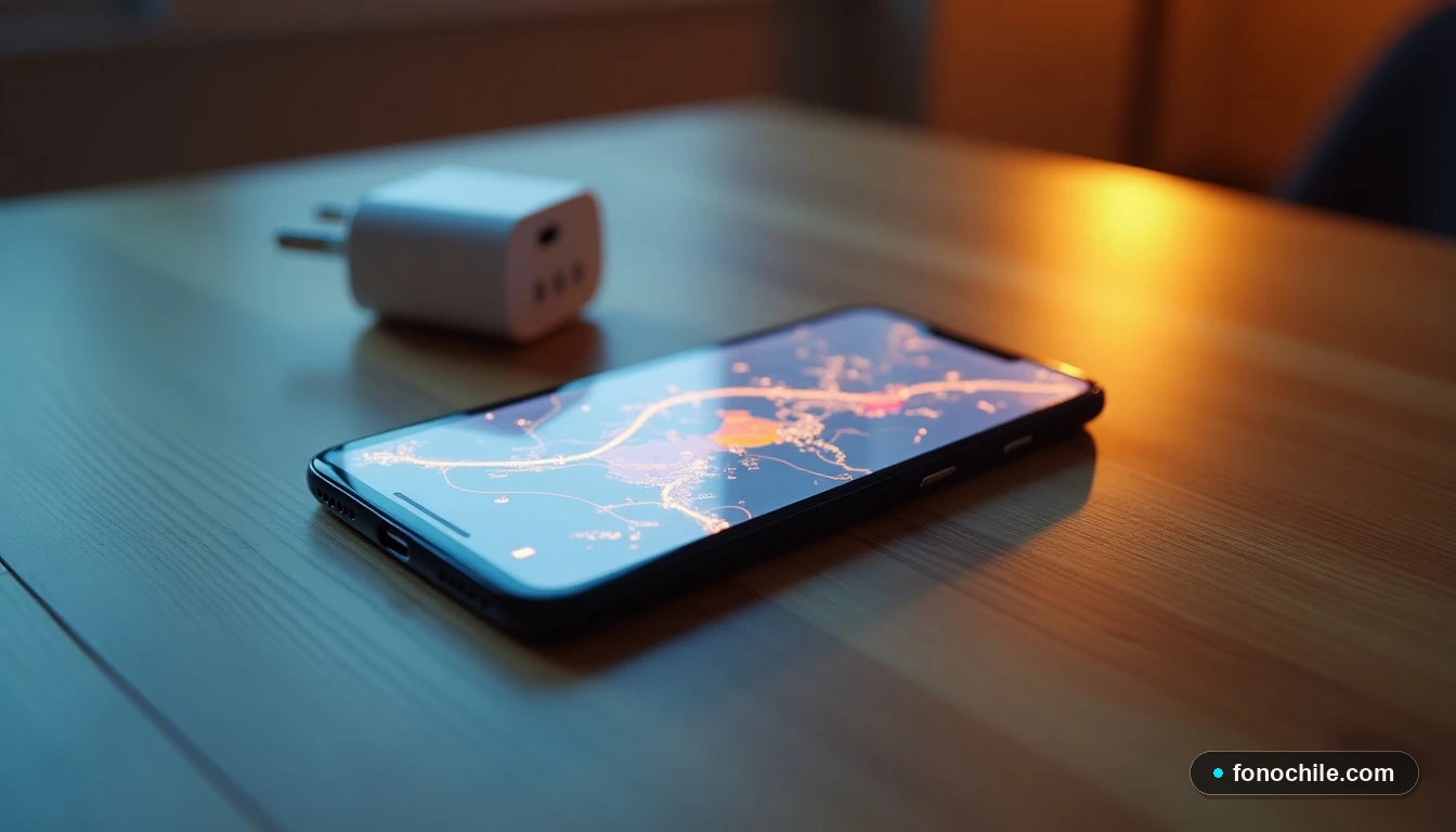 Composición plana de un teléfono inteligente, un adaptador de viaje y un mapa con rutas, representando la conectividad internacional sin complicaciones.