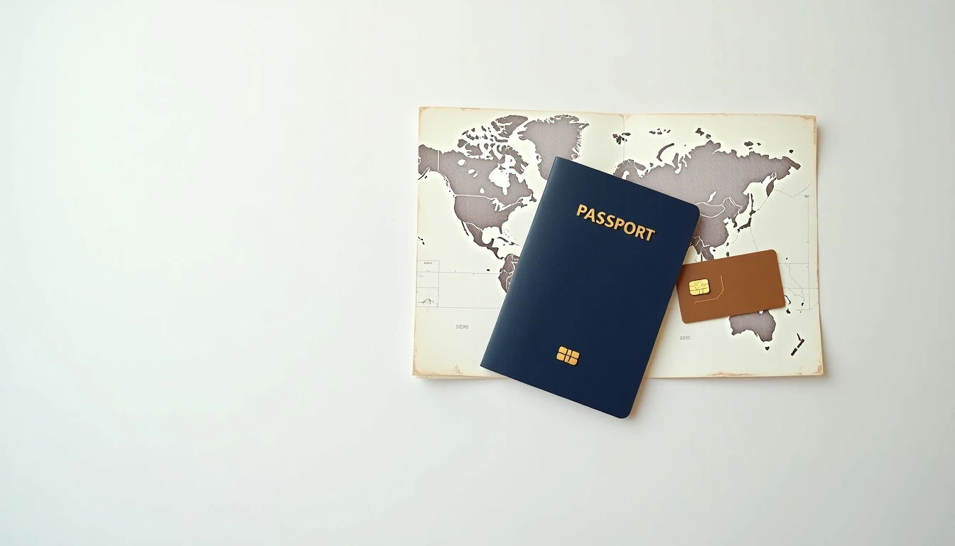 Pasaporte, SIM card y mapa mundial representando el roaming internacional y los viajes.