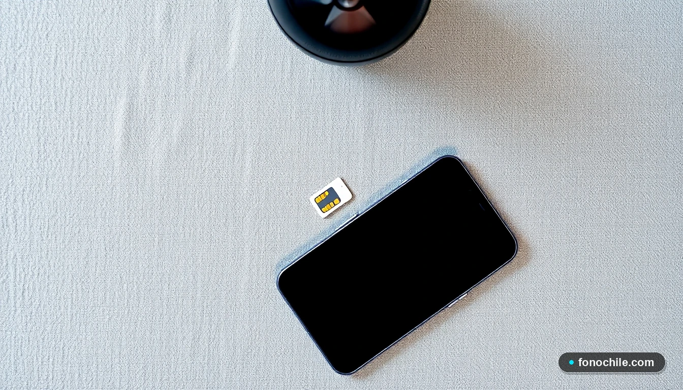 Smartphone y tarjeta SIM nano sobre una superficie textil, listos para la configuración de roaming.