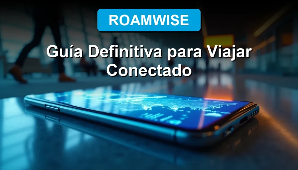 Una guía definitiva sobre roaming internacional 2026 con un smartphone mostrando mapas y conexión global en un aeropuerto futurista.