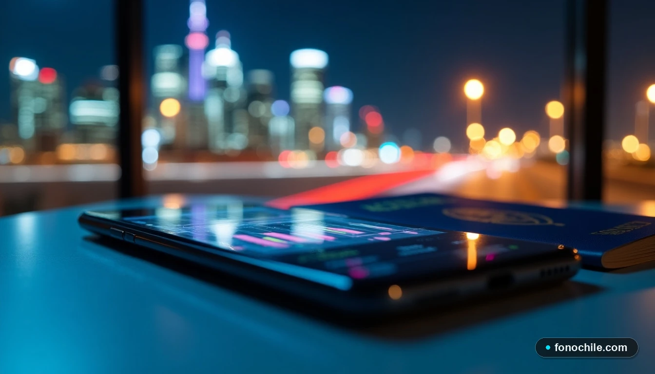 Smartphone mostrando cobertura junto a pasaporte con sellos y vista a ciudad extranjera de noche.