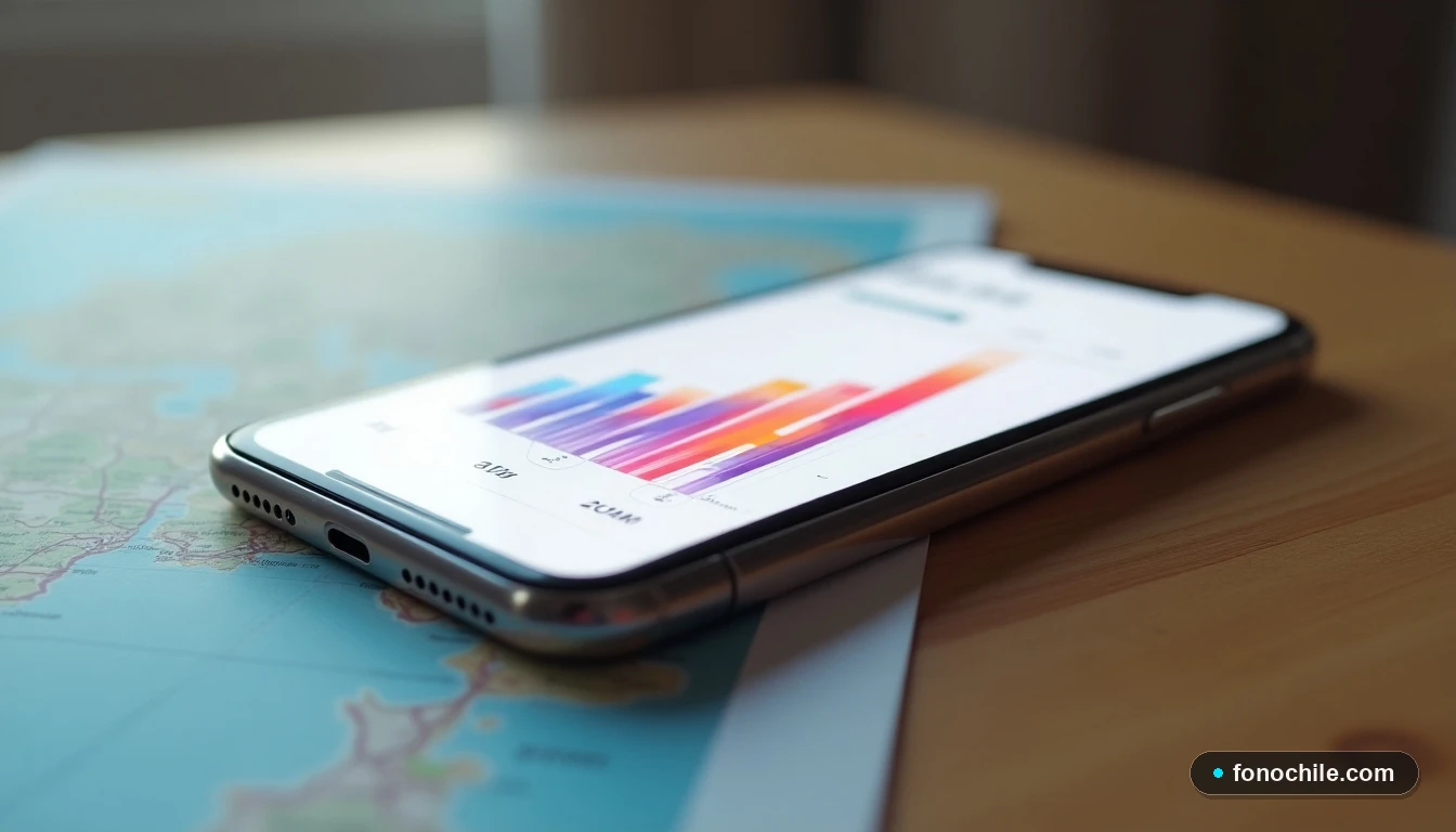 Smartphone mostrando un gráfico de consumo de datos en roaming sobre un fondo de viaje.