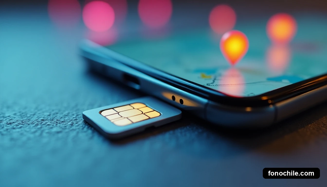 Vista superior cercana de un teléfono inteligente y una tarjeta SIM en una superficie texturizada, mostrando la ranura para la tarjeta.