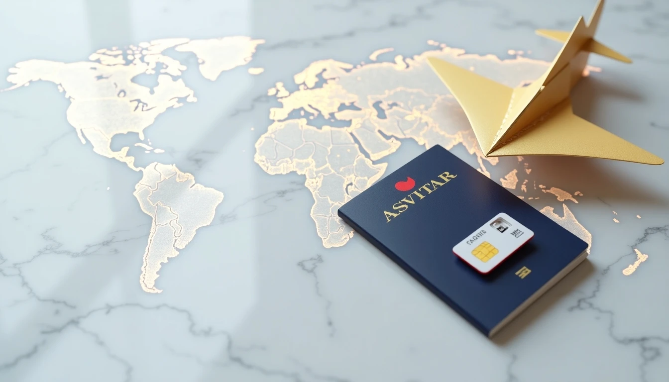 Pasaporte y SIM Card Movistar sobre mapa mundial, concepto de roaming internacional