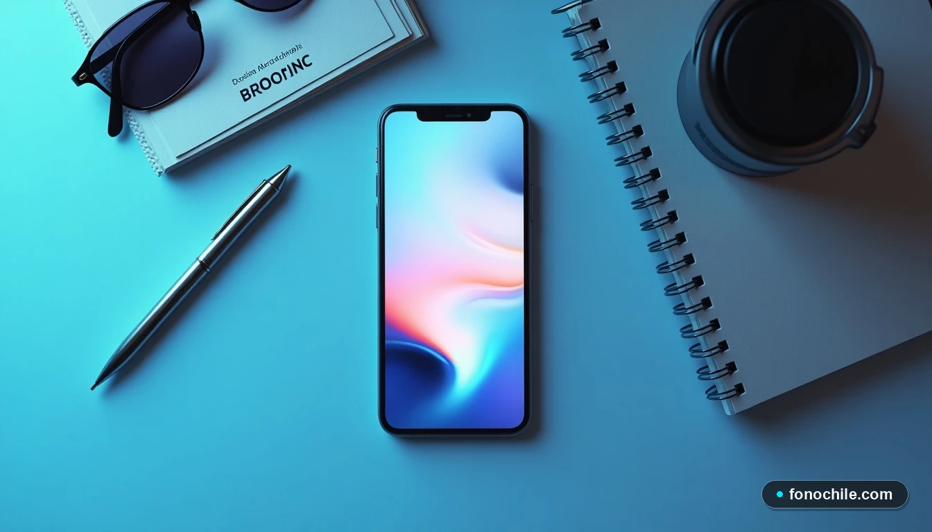 Vista superior de un teléfono y accesorios de viaje en una mesa, representando el roaming internacional fácil y sin complicaciones.