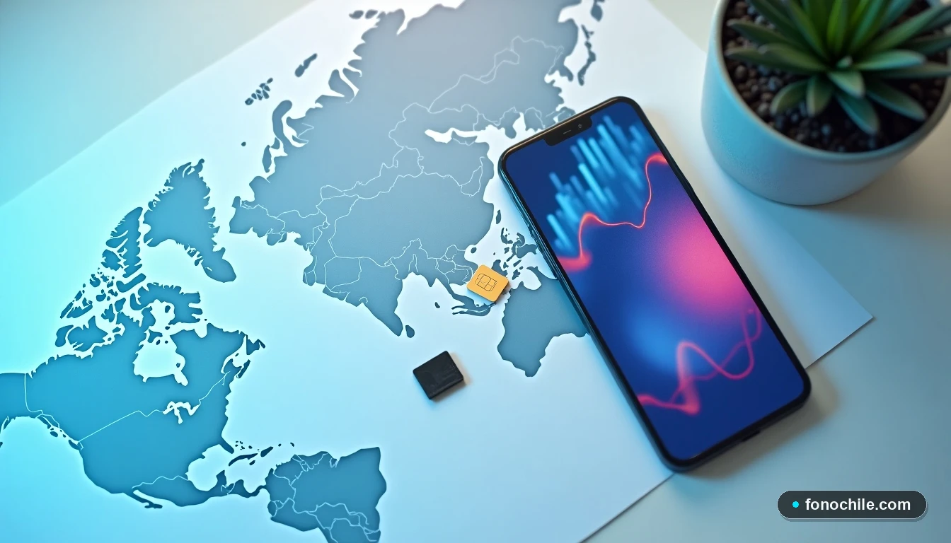 Disposición plana de un teléfono, tarjeta SIM y mapa mundial ilustrando la cobertura de roaming internacional de Movistar.