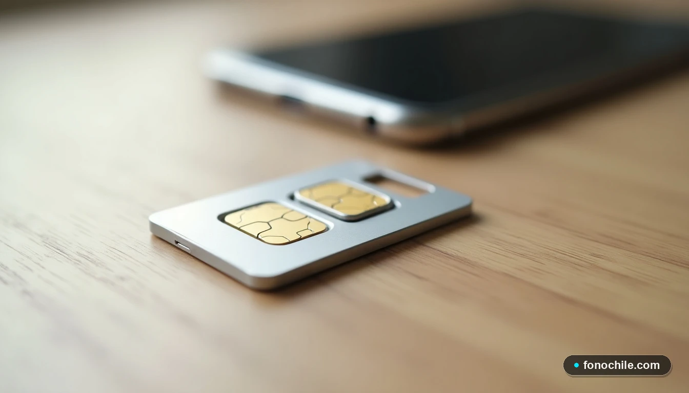 Tray de tarjeta SIM nano junto a un teléfono inteligente, sobre una mesa de madera clara, representando la facilidad de activación del servicio.