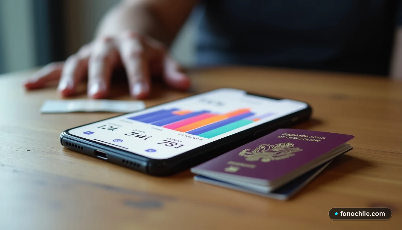 Smartphone mostrando gráfico de datos de roaming, con pasaporte y billete de avión, concepto de viaje internacional.