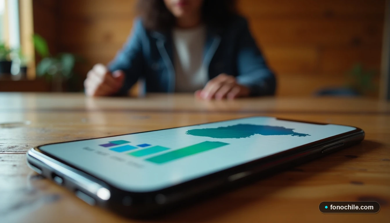 Smartphone mostrando gráficos de cobertura de roaming sobre un mapa de Sudamérica en una mesa de madera.