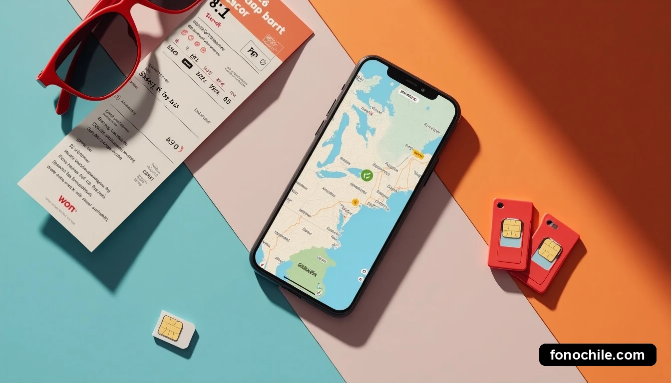 Disposición plana de artículos de viaje con un teléfono WOM, tarjetas SIM y una tarjeta de embarque, representando la preparación para un viaje internacional.