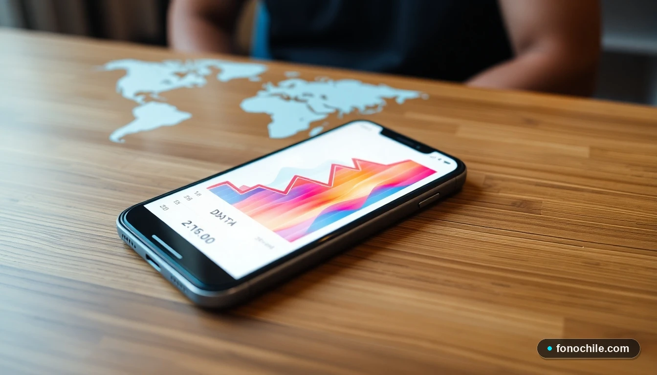 Gráfico abstracto de uso de datos roaming en un teléfono inteligente sobre una mesa de madera.