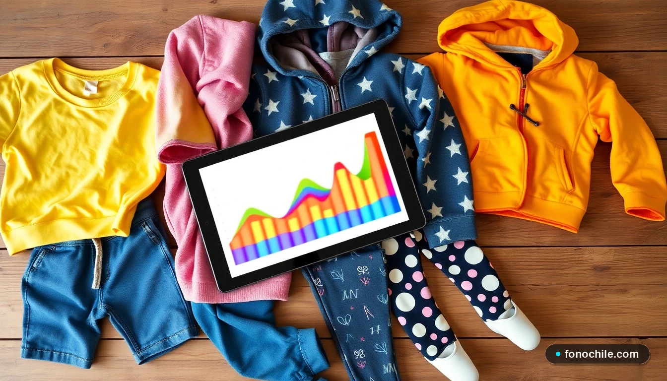 Fotografía de conjunto de ropa infantil de moda 2026 sobre mesa de madera, mostrando colores y tejidos de temporada.