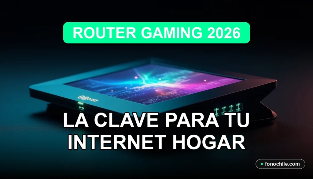 Un router gaming moderno con luces LED azules y verdes sobre un escritorio de gamer, mostrando gráficos abstractos en su pantalla integrada.