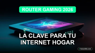 Un router gaming moderno con luces LED azules y verdes sobre un escritorio de gamer, mostrando gráficos abstractos en su pantalla integrada.