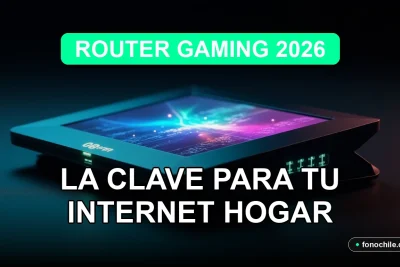 Un router gaming moderno con luces LED azules y verdes sobre un escritorio de gamer, mostrando gráficos abstractos en su pantalla integrada.
