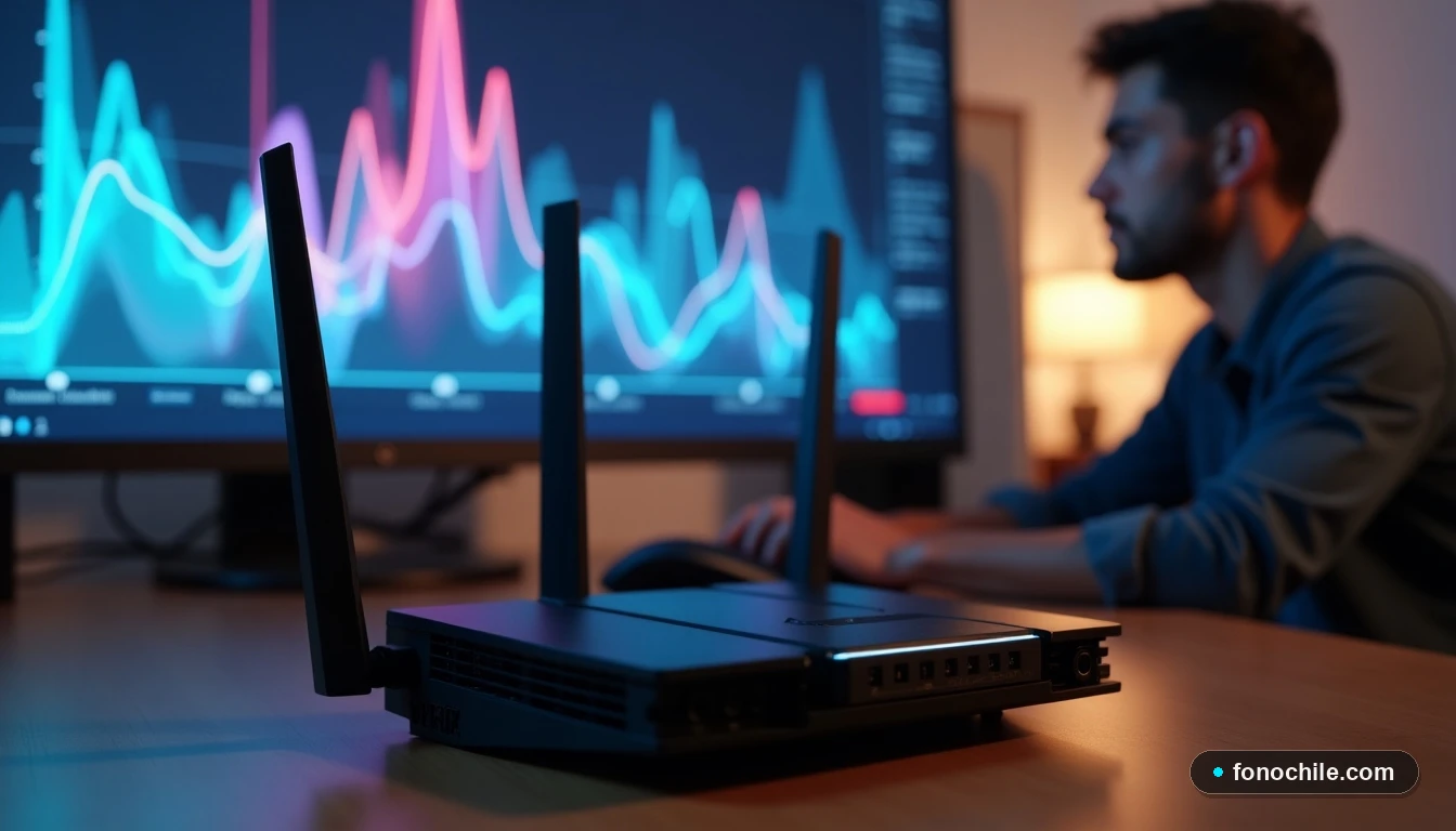 Router gaming moderno sobre escritorio con gráficos de rendimiento de red en pantalla de fondo.