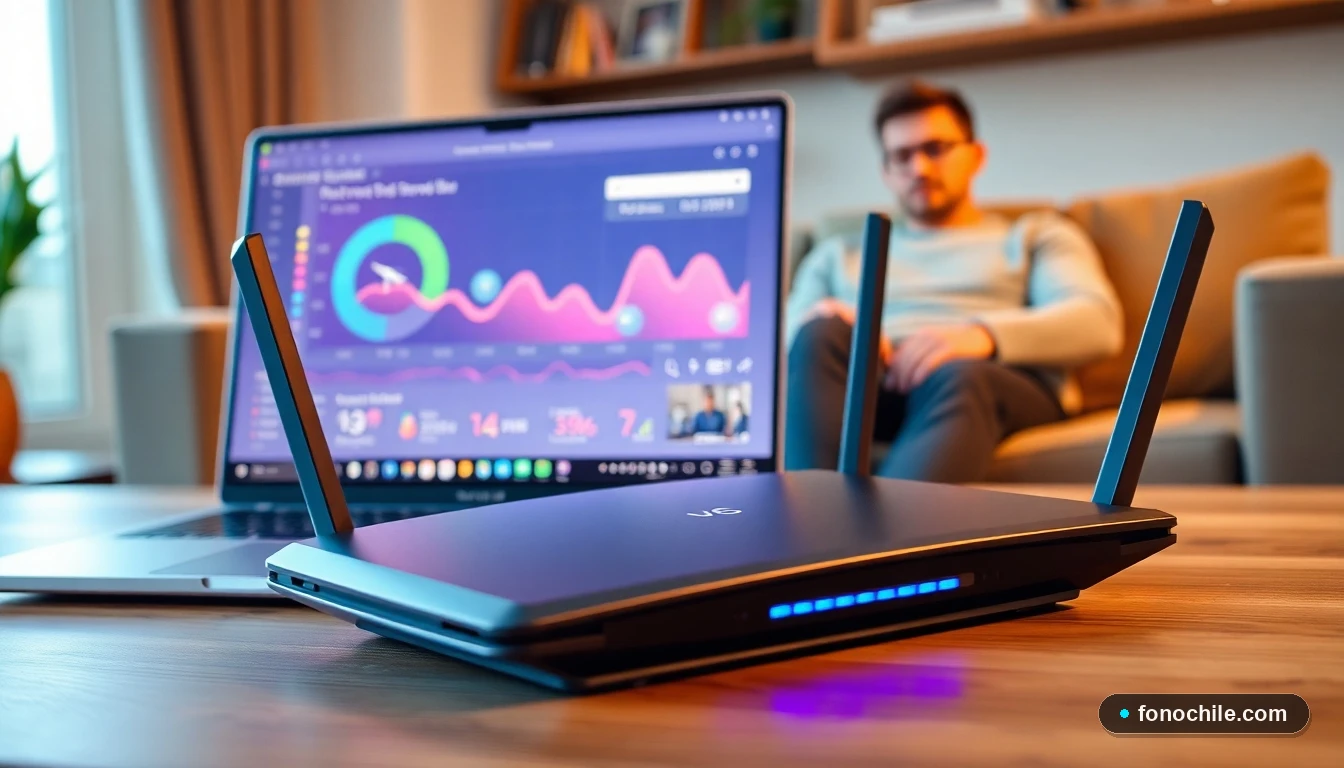 Router WiFi moderno sobre mesa mostrando gráficos de velocidad de red en una laptop, en un entorno hogareño chileno.