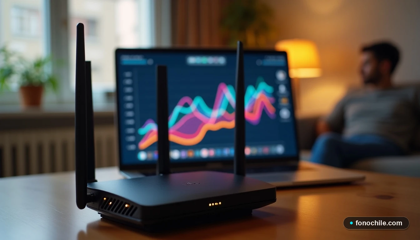 Router WiFi 6 moderno en un hogar chileno mostrando gráficos de estabilidad de red en una pantalla de laptop