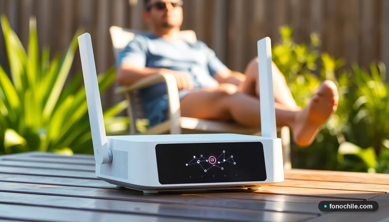 Router WiFi exterior blanco resistente a la intemperie instalado en una mesa de patio en un jardín chileno para extender la red del hogar.