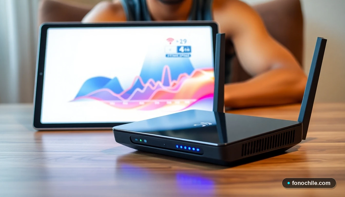 Router moderno en mesa con gráfico de velocidad de internet colorido en pantalla de tablet