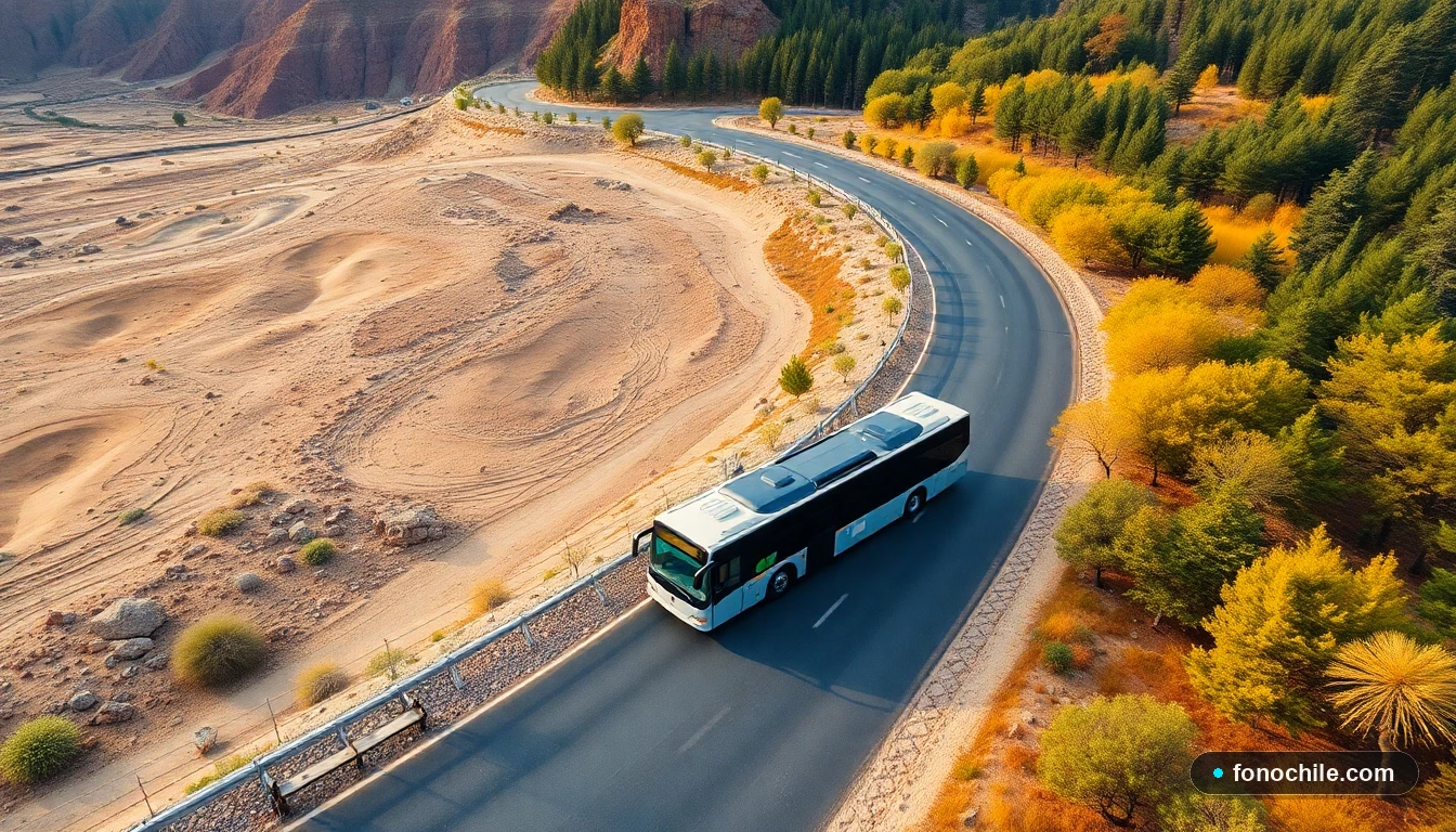 Vista aérea de una ruta panorámica chilena mostrando la diversidad geográfica del país, con un bus de turismo recorriendo el camino.