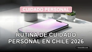 Rutina de cuidado personal con productos cosméticos y dispositivos tecnológicos en un baño moderno en Chile.
