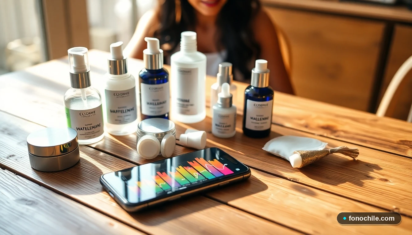 Fotografía de productos esenciales para el cuidado personal y bienestar organizados sobre una mesa de madera.