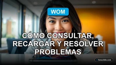 Una mujer consulta el saldo de su plan WOM 2026 en un teléfono inteligente con gráficos abstractos en la pantalla.