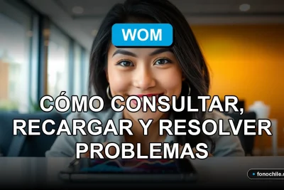 Una mujer consulta el saldo de su plan WOM 2026 en un teléfono inteligente con gráficos abstractos en la pantalla.