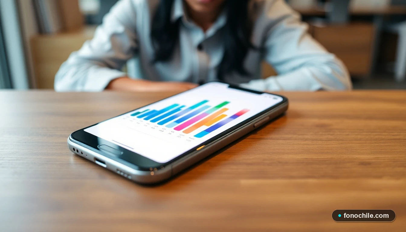 Smartphone mostrando gráfico abstracto de consumo de datos móviles y saldo en colores vibrantes sobre una mesa.