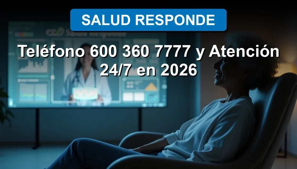 Una mujer sonriente recibe asesoramiento médico virtual a través de una pantalla transparente con el logo de Salud Responde, representando atención de salud 24/7.