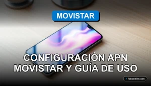 Samsung Galaxy A30 2026 en escritorio con pantalla mostrando gráficos abstractos, guía de configuración APN Movistar.