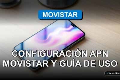 Samsung Galaxy A30 2026 en escritorio con pantalla mostrando gráficos abstractos, guía de configuración APN Movistar.