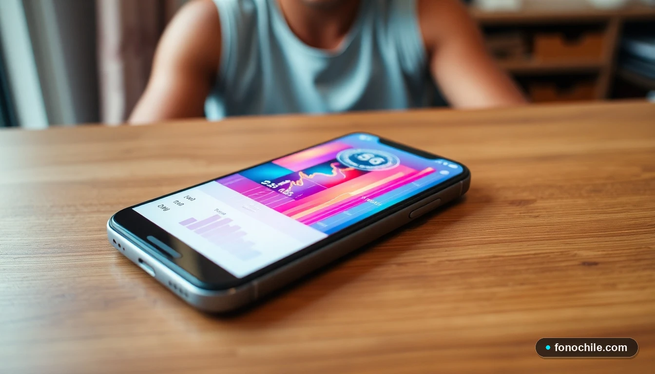 Gráfico abstracto de velocidad de internet y señal en la pantalla de un smartphone sobre una mesa.