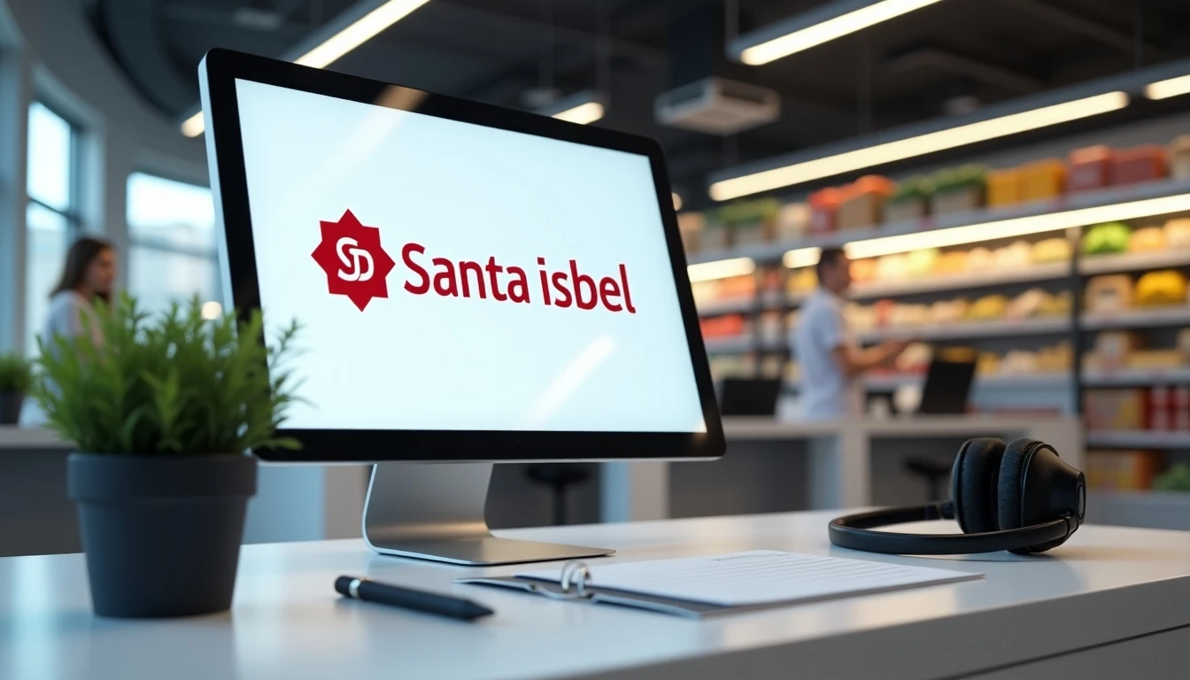Mesa de atención al cliente de Supermercados Santa Isabel con logotipo en pantalla