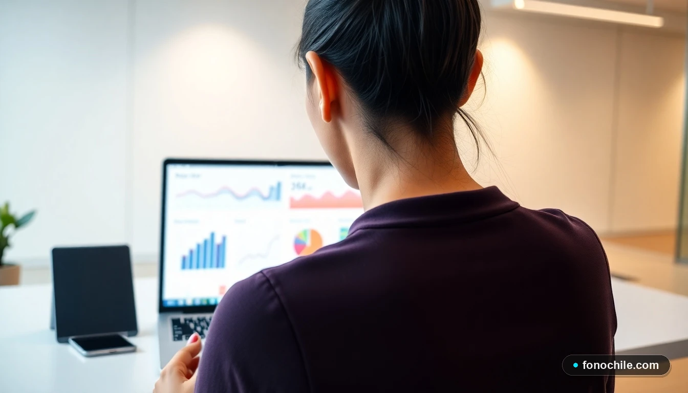 Soporte de Santa Isabel, laptop y teléfono en oficina mostrando gráficos abstractos de atención al cliente