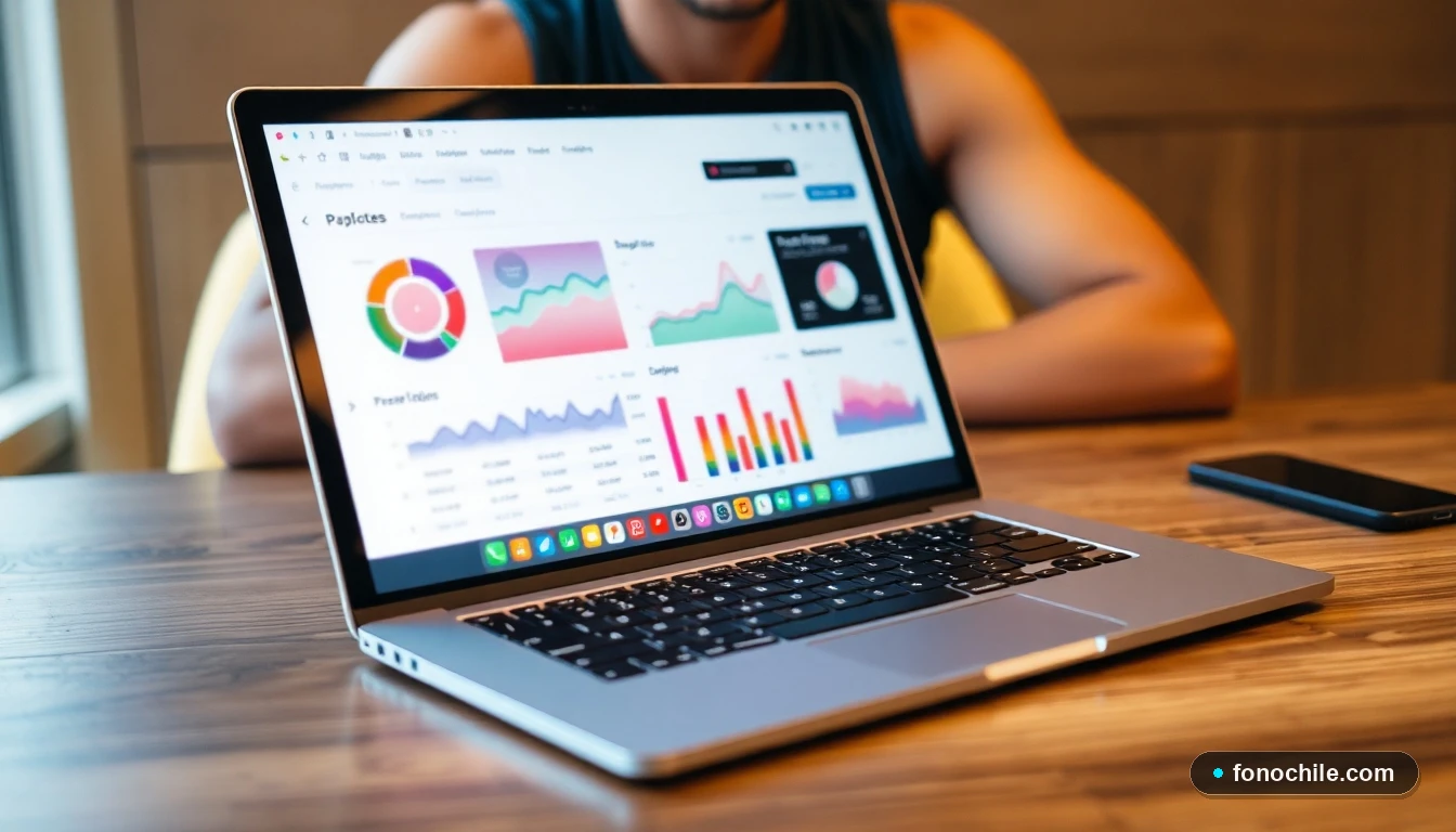 Panel de seguimiento abstracto con gráficos de colores mostrando el progreso de un trámite en una computadora portátil.