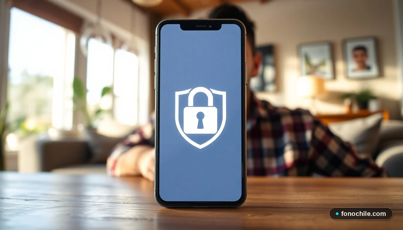 Smartphone moderno en una mesa mostrando una pantalla de bloqueo abstracta con símbolos de seguridad digital, en un entorno doméstico seguro.
